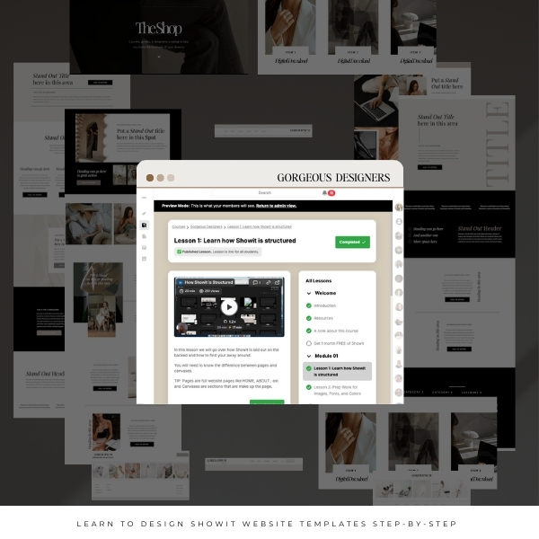 A graphic of the bts look of lesson 1 inside the Gorgeous Designers LMS.