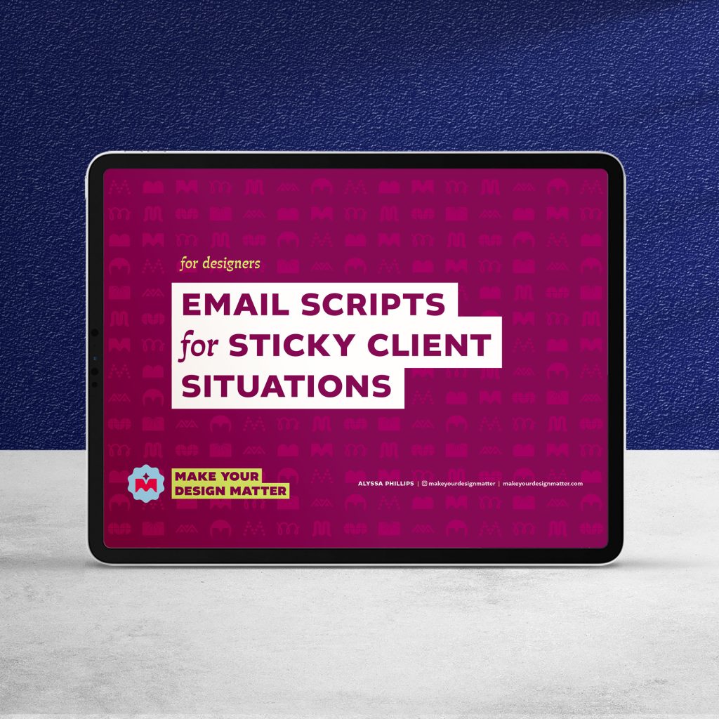 An ipad showing Email Scripts for Sticky Client Situartions on a maroon background