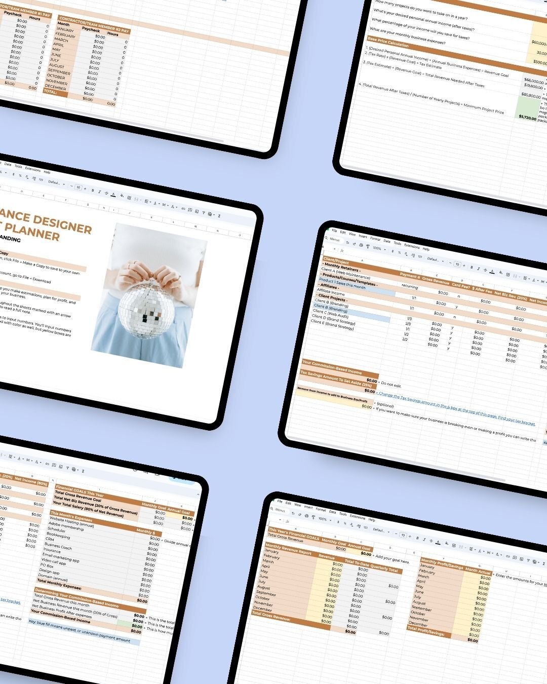 Tablet screens showing spreadsheet layouts