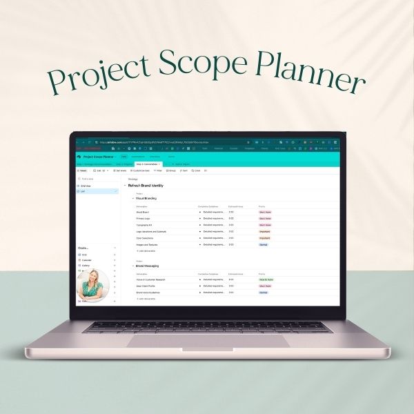 Laptop showing An Airtable Base with the Words Project Scope Planner above it